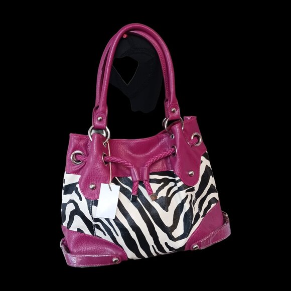 NWT Zebra Stripe Faux Leather Shoulder  Bucket Bag with Fuchsia Pink Trim - Picture 10 of 11
